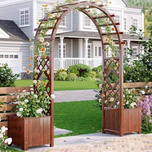FVTVHEV Arche de Jardin en Bois Massif Treillis à Rosiers Comprend Deux jardinières Treillis Plante grimpante Bois Facile à Assembler Décoratif pour Les pelouses de Patio(200cm (with Planter))