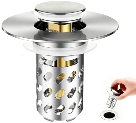 HUAERSICO Universal Waschbeckenstöpsel Pop Up Edelstahl Abflusssieb, Abflussstopfen mit Sieb für Waschbecken (28,5 mm bis 55 mm), Messing Kern, Anti-Verstopfung