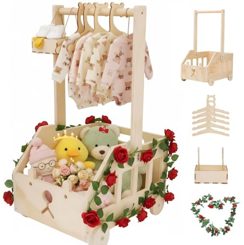Gueiddi Panier cadeau enfant en bois pour baby shower avec poignée, cintres pour enfants, guirlande et petit tiroir pour nouveau-né baby shower nouveaux parents (boîte en bois de roses rouges)
