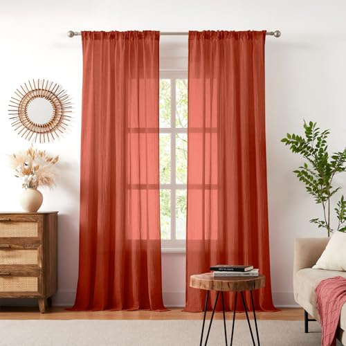 Melodieux Cortinas confeccionadas con cinta fruncida, terracota, monocolor, para riel, 225 x 140 cm, juego de 2 unidades, transpirables para salón, dormitorio, ventana, cocina, pasillo