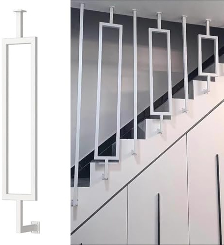 Anpassningsbara trappräcken i järn för nivå- och sluttningstrappor, svart/vita metallspindlar och balustradstolpar för säkerhet och stil. Förhindrar fall med hållbar design