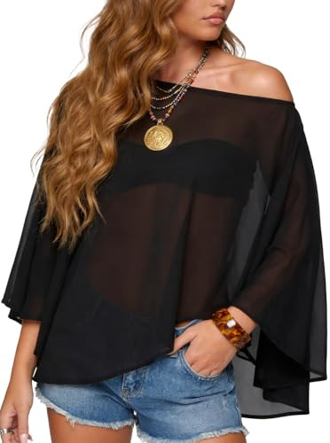 HAWILAND Chiffong poncho damer sexig off-shoulder meshtopp elegant transparent sheer stola festival rave party