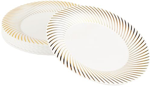 MATANA 20 Premium White Plastic Dinner Plates with Gold Rim, 25cm / 9.8 Inch - Elegant & Reusable Party Plates for Weddings, Birthdays, Picnic, BBQ, Parties