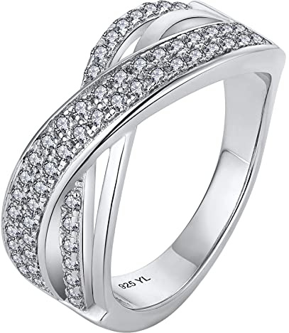 YL Anillo de Mujeres Plata de Ley 925 con 5a Zirconia X Anillo Cruzado Infinito(Tamaño 14)