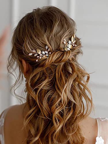 Vakkery Braut Blume Hochzeit Haarnadeln Gold Perle Haarspangen Kristall Braut Haarteil Haarschmuck für Frauen und Mädchen (3 Stück)