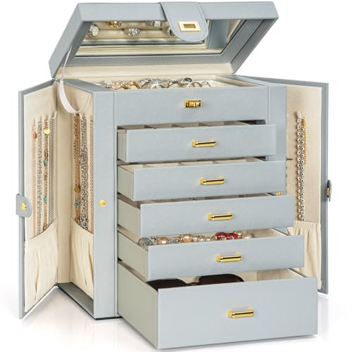AKOZLIN Grande boîte à bijoux fonctionnelle et verrouillable avec grand miroir pour femmes et filles, coffret de rangement en cuir pour bagues, colliers, boucles d’oreilles, bracelets, gris