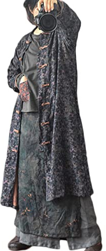 NFYM Trench long en lin pour femme - Imprimé floral vintage - Ouverture sur le devant - Grenouille boutonnée - Veste longue, bleu marine, Taille Unique