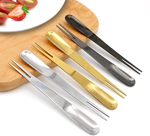 CHAMEEN 6 pieces salad fruit fork, three-colour mini fork, gold-plated double purpose pastry fork, for tasting appetizer forks, desserts, snacks, pastries, salads, ice cream