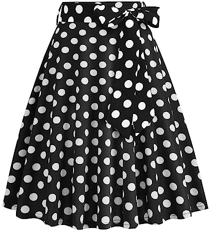 Odizli Falda para mujer, largo hasta la rodilla, elegante, estilo vintage de los años 50, falda plisada con cinturón, Black Polka Dot, L
