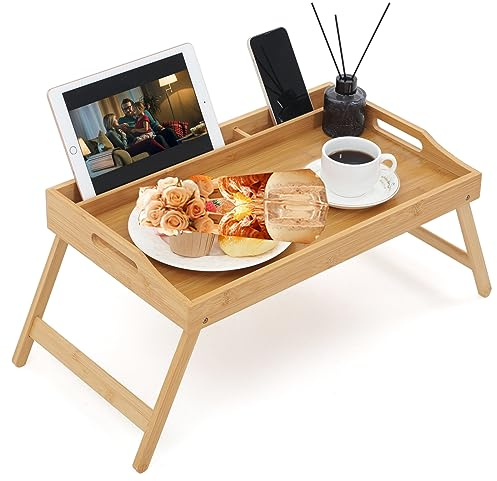 Unibos Bamboo Bed Tray Table with Handles & Foldable Legs, Multipurpose Lap Tray, Desk for Breakfast in Bed, Sofa, Platters, Working, Drawing, Laptop Stand, Snack Tray etc