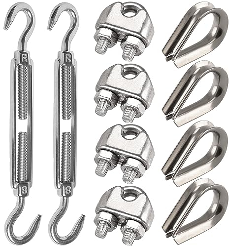 Leaum Lot de 10 tendeurs de fil M8, avec tendeur en acier inoxydable M8, serre-câble métallique de 8 mm en acier inoxydable et cosses de câble métallique de 8 mm pour serrer les cordes tendues