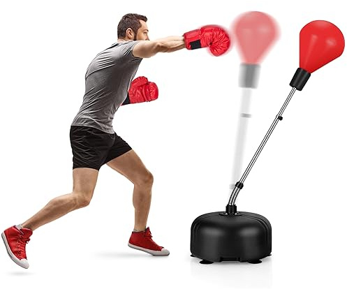 GYMAX Punching-Ball Réglable en Hauteur 140-158cm, avec Base Remplissable, Gants de Boxe, Sac de Frappe sur Pied, pour Adultes & Enfants, pour Boxe, Entraînement, Réduction du Stress
