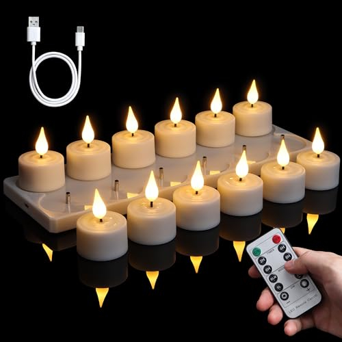 FREEPOWER Lot de 12 bougies chauffe-plat LED rechargeables avec station de charge, télécommande et minuterie, bougies électriques rechargeables, blanc chaud, intensité variable, bougie chauffe-plat