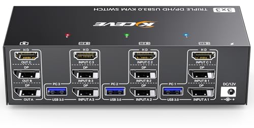 KVM Switch 3 PC 3 Monitore 8K@60Hz 4K@144Hz，MLEEDA HDMI+2 Displayport KVM Switch Triple Monitor für 3 PC Teilen 3 Monitors und 4 USB3.0-Geräte, mit 12V DC Netzteil,Verdrahtet Fernbedienung