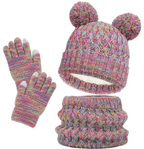 MUNSKT Juego de 3 gorros, bufandas y guantes de invierno de ganchillo grueso y esponjoso para niños de 2 a 8 años, multicolor iridiscente, talla única