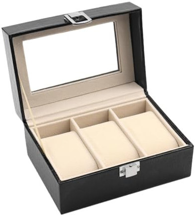 AnnZhao Watch Box for Men,3 Slot Watch Case with Glass Lid,Watch Display Case, PU Leather Display Storage Case for Jewelry,Mens Watch Box Organizer-Black