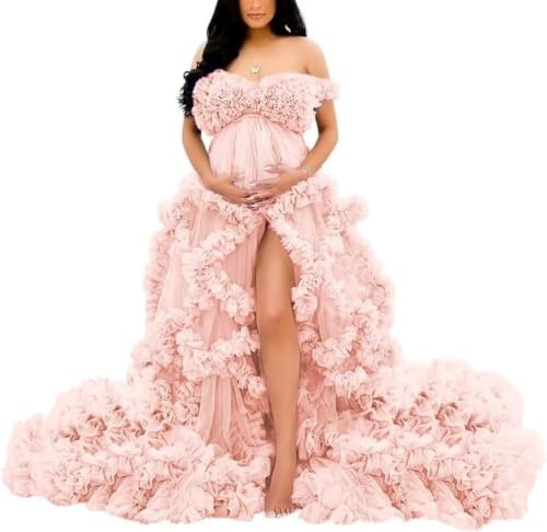 YIANN Mammaklänning med bara axlar, lång rock för fotografering, tyll, volanger, graviditetsklänning för baby-shower, Rosa rouge, 34