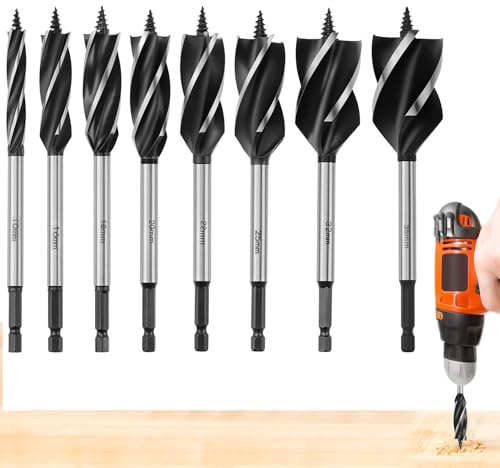 QWORK® jeu de forets à bois, perceuse à tarière en acier à alimentation automatique, 10, 16, 18, 20, 22, 25, 32, 35 mm, adapté aux perceuses électriques et d'établi