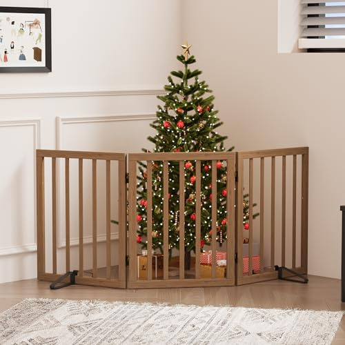 Tall Dog Gates for Doorways, Foldable Dog Gate Indoor, Freestanding Pet Gates for Doorways Bedroom, Puppy Gate with Metal Support Feet, Room Divider,3 Panels (Dark Walnut)