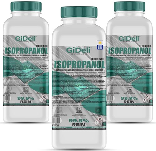 GiDeli Isopropanol 99,9 % 3 x 1 L – tekniskt restfri – verkstad | En flaska vardera för arbetsbänk, servettväska och hylla, löser upp fett och färsk harts, torkar utan ränder