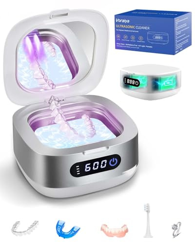 Voraiya Limpiador Ultrasónico 45000Hz 200ML Dental Pod Ultrasonidos Limpieza con 4 Lámparas UV Automáticas, Portátil para Ultrasonic Cleaner Dental de Dentaduras, Retenedores, Alineadores y Joyas