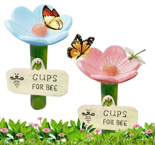 2pcs Flower Bee Waterer, 6.5x11cm Bee Watering Stations with Stake Base, Hygienic Thirsty Pollinators Feeder, Colorful Flower Shaped Garden Pollinators Drinking Cups for Lawn Driveway Farm Patio