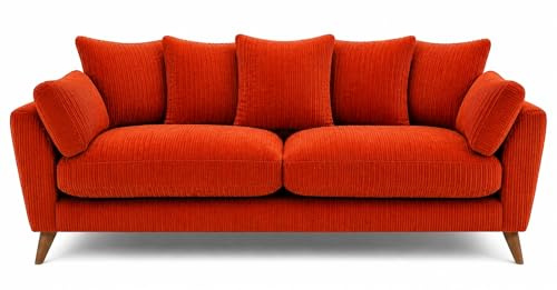 SofaSelection Harlow Jumbo Cord 3 Seater Sofa, Modern Tailored Design for Family Living Rooms, Plump Scatter Back Cushions, Solid Hardwood Frame with Wooden Legs, Orange