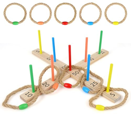 COSTWAY Juego de Lanzamiento de Anillas para Niños y Adultos | Juegos de Exterior con Base Cruzada, 5 Aros de Cuerda y 9 Palitos, Juguete de Madera para Jardín, Parque, Casa