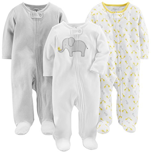 Simple Joys by Carter's Unisex Baby 3-Pack Neutral Sleep Play Infant-and-Toddler-Bodysuits, Hellgrau Ministreifen/Weiß Elefant/Giraffe, 0 Monate (3er Pack)