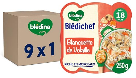 Blédina - Blédichef - Repas Bébé 18 Mois - 9 Plats Blanquette de Volaille - Petits Morceaux - 100% Ingrédients d'Origine Naturelle - Dès 18 Mois - 9 Assiettes 250g (L'emballage peut varier)