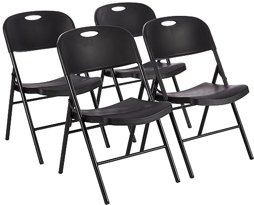 Amazon Basics Juego de 4 sillas plegables de plástico y metal, sillas de camping, sillas de cocina, para interiores y exteriores, color negro, hasta 158 kg