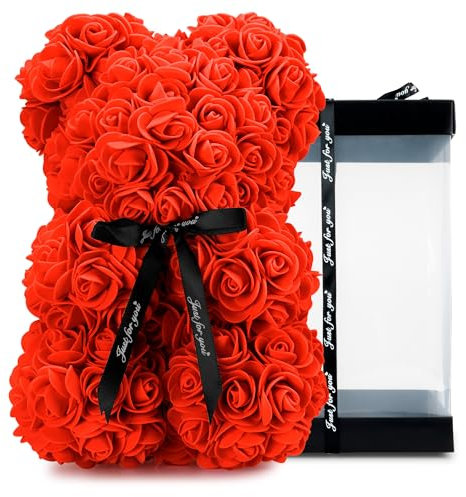 TANNESS 25cm Flower Rose Teddy with Transparent Gift Box and Black Ribbon | Gifts for Women Artificial Flowers Rose Bear for Valentine Gifts, and Home Decor - Red Teddy