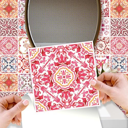 WALPLUS 48 Pcs 15cm (6) Moroccan Rose Red Mosaic Tile Stickers – Peel & Stick Self-Adhesive Backsplash for Kitchen & Bedroom – Removable Vinyl Wall Decals – DIY Home Decoration