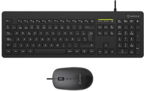 Unykach Kit Teclado y Ratón COMBO MK211 PRO Slim con Cable, Disposición QWERTY Español 108 Teclas de Membrana, USB, 2400 DPI, Silencioso, Ergonómico, Windows, Mac, Android, Linux
