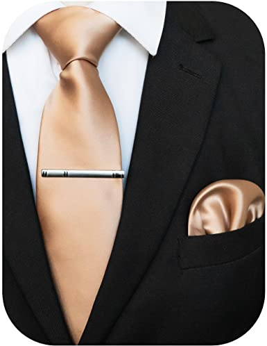 JEMYGINS Set Cravate Homme en Satin 8 cm avec Pochette et Pince a Cravate pour Mariage Business et Soiree Or Champagne 2