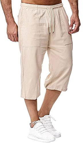 Sprifloral herrshorts i linne, trekvartslängd, byxor, sommarbyxor, strand, yoga, joggingbyxor, lediga träningsbyxor, Khaki, M