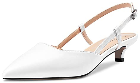 Saekcted Femmes Pointu Bout Kitten Bas Talon Heel Slingback Escarpins Slip-on Cute Dress Sandales 3.5 CM Heels Blanc Matte 45 EU
