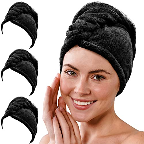 Gräfenstayn Set de 3 Toallas de Microfibra con 2 Botones - Toalla para Cabello Corto y Largo, Botón Turbante de Secado Rápido y Absorbente (Negro)
