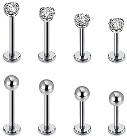 JSDDE 8pcs Stainless Steel Labret Lip Stud Tragus Helix Cartilage Rhinestone Lip Studs Nose Stud Earrings Piercing Jewelry 6-12mm Silver