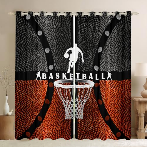Kids Basketball Blackout Curtains,Basketball Court Geometric Patch Window Drapes for Boys Girls Adults,Ball Sports Gaming Orange Black Bright Window Treatments Grommet Top 2 Panel Set,38Wx45L inch