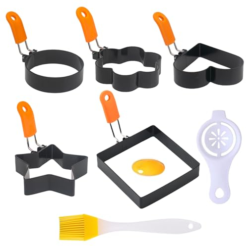 Galerie SV 5 Pezzi Stampo per Frittata in Acciaio Inossidabile,Stampi per Uova Fritte Con Separatore di Albume Pennello per Olio di Silicone,Anello per Uova per Cucinare Uova Fritte Pancake(Nero)
