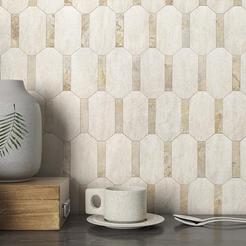 M MOFIT Octagon Stick on Tiles Stone Tile Stickers,Mosaic Self Adhesive Wall Tiles(Beige,10sheets)