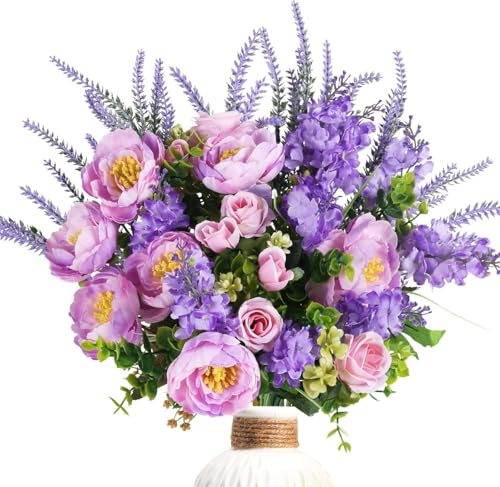 Minnhua Künstliche Blumen Lila Seidenblumen Rose Unechte Blumen Deko Pfingstrose Gefälschte Hochzeit Blumen für Draußen Balkon Topf Zimmer Garten Innen Außenbereich Deko