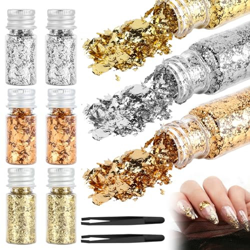 dsDAEDK 6 Flasche Gold Flocken, 3-Farbige Goldfolienfragmente, Blattgold Zum Basteln, Multifunktions Goldfolie Papier Dekorfolie für DIY Bastelarbeiten, Künstlerbedarf und Nail Art