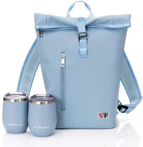 VIN FRESCO Two Bottle Rolltop Wine Tote Bag – Stylish PU Leather Backpack with Matching Tumblers – Wine Carrier with Padded Straps and Compartments for Travels & Picnics (Light Blue)