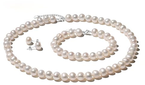 YAMI Perlenkette Set Damen Silber (Halskette+Armband +Ohrringe), 8-9mm Süßwasserperlenkette, Perlenohrringe Silber 925, Perlenarmband Damenschmuck für Jeden Anlass