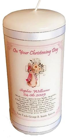 Personalised Baby Girl Christening Candle, Pink Bunny Design, Religious Gift with Custom Name and Date