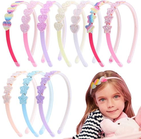 Candygirl Glitter Headbands for Girls Shiny Sequins Headband,10Pcs Sparkly Star Heart Bow Headbands Rainbow Alice Bands Cute Kids Hairabnd with Teeth Non-slip Bling Headand for Little Girls(Pink)
