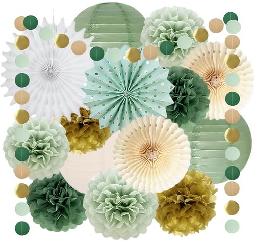 Decorazioni Festa Verde Salvia Beige Oro Pon Pon Carta Compleanno, Ventagli di Carta Decorazione, Puntini Ghirlanda Verde Salvia Decorazioni Compleanno Addobbi per Baby Shower e Matrimonio