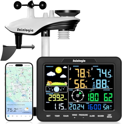 Sainlogic Estación Meteorológica WiFi Inteligente SA68 Plus, Pronóstico del Tiempo 24/7 con IA por Weatherseed®, Alertas por App/Email,Estaciones Meteorológicas,Anemómetro,Pluviómetro,Datos por 2 Años